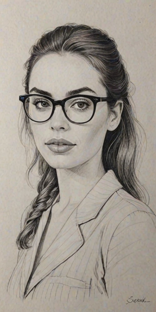 Appealing Sophie Simmons, pencil sketch, portrait of Delightful woman 1978s in glasses, hair style beatnik, outline, clear lines, fine lines, 8k
