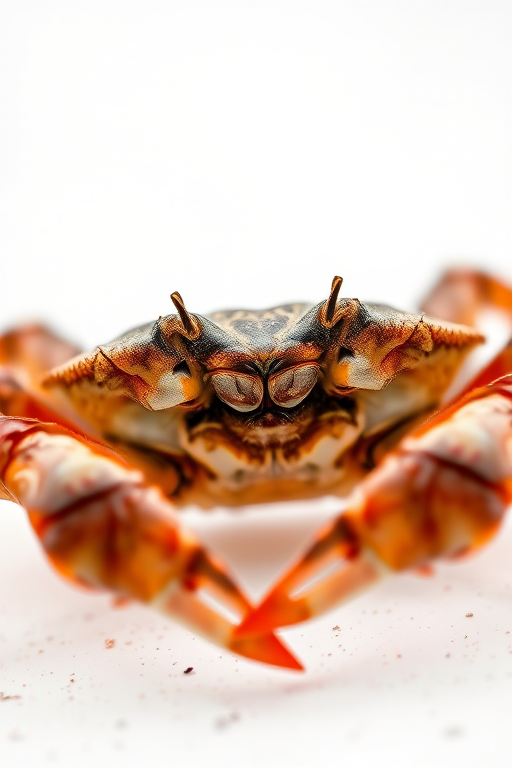 macro shot of a brown crab on a white background, using a Canon EOS 5D Mark IV with a 100mm f/2.8L macro lens, aperture f/8, ISO 100, 1/125s shutter speed, natural lighting, focused on the crab's details and texture