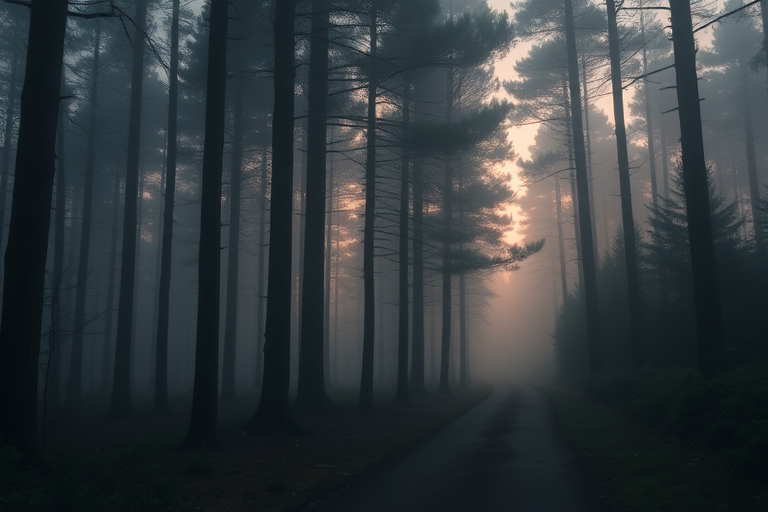 Capture a misty forest at dusk with tall, shadowy trees, narrow winding path, soft diffused lighting, ISO 800, f/2.8 aperture, 1/60s shutter speed, using a DSLR camera in landscape orientation for high detail and depth.