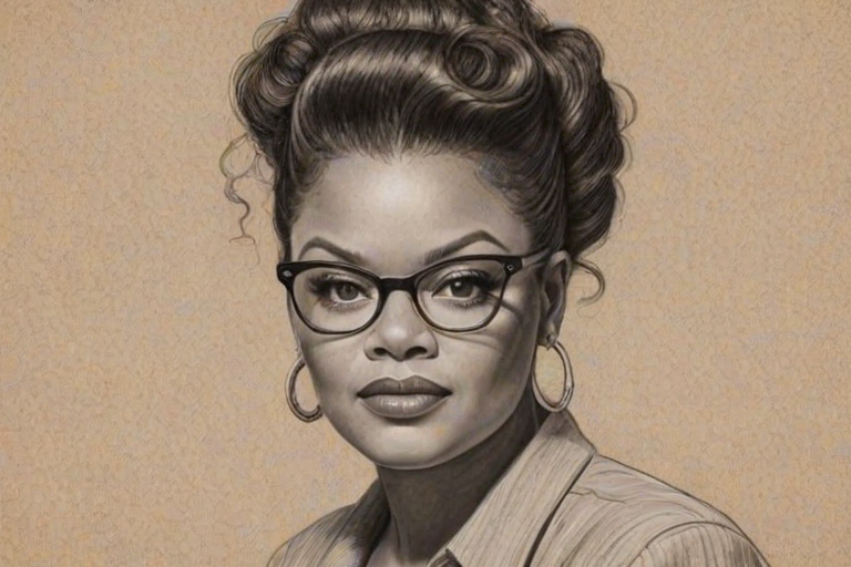 Ravishing Yvette Nicole Brown, pencil sketch, portrait of Ravishing woman 1940s in glasses, hair style beatnik, outline, clear lines, fine lines, 8k