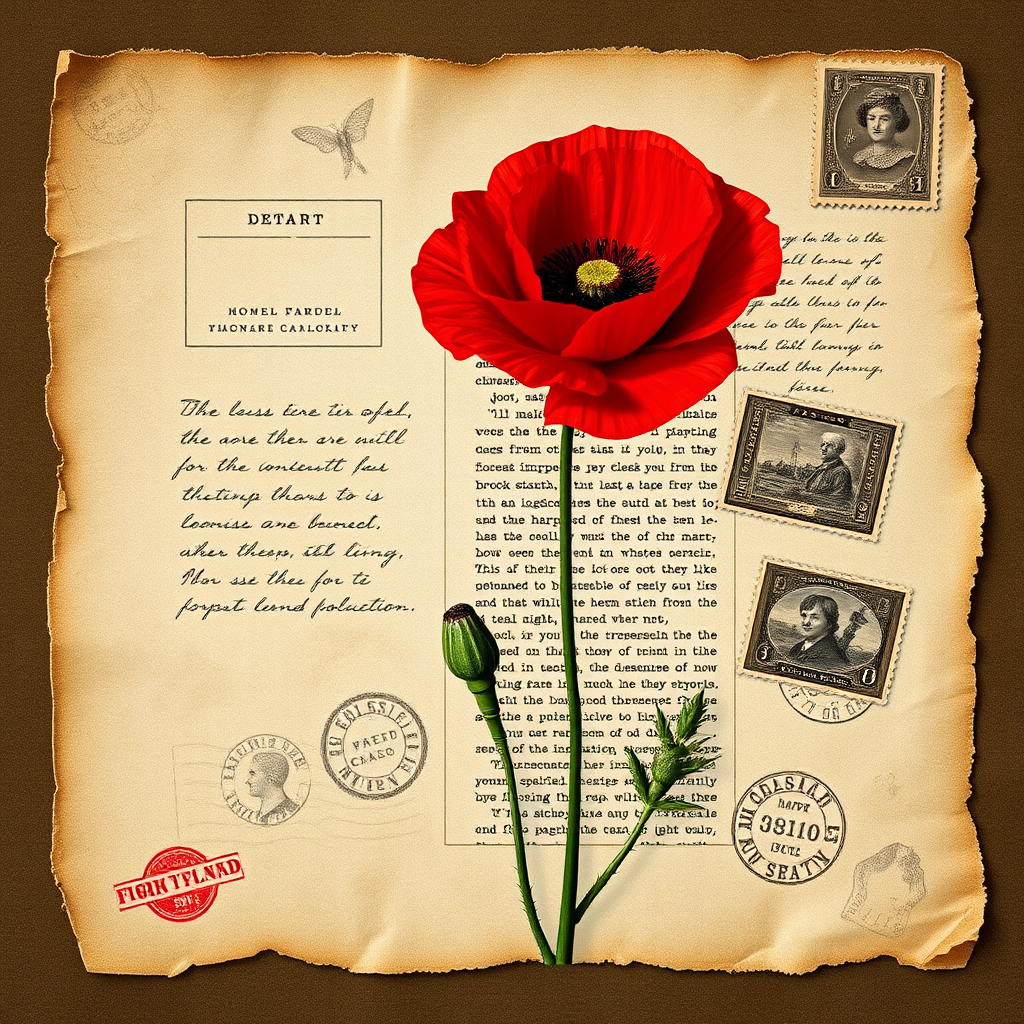 Create a vintage collage with a vibrant red poppy on aged parchment background, incorporating faded text, postal stamps, and subtle textures, captured with a DSLR camera, 50mm lens, f/1.8 aperture, natural lighting, shallow depth of field.