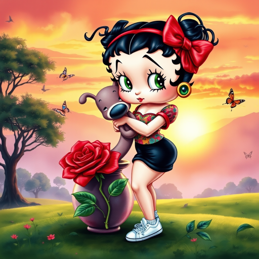 Luxury 3D HD realistic watercolor oil painting. Betty Boop with black hair in two messy buns. Red headband with big bow. He wears black shorts with a colorful t-shirt. White sneakers. She is standing hugging winnie the pooth next to a large vase with a tall red rose, There are trees and butterflies flying. The land with a beautiful lawn. Full body. Background of a sunset