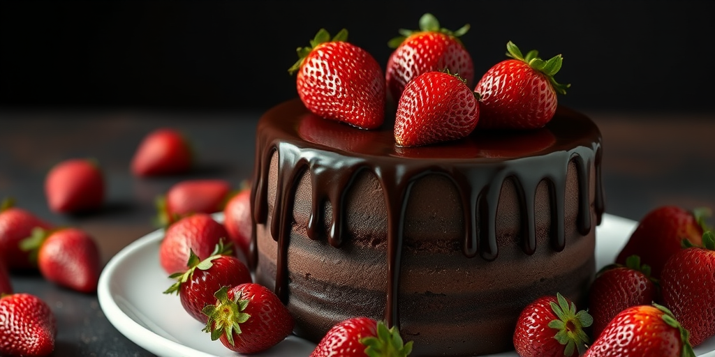 Chocolate cake with strawberries on top rich chocolate ganache dripping down the sides placed on a white plate surrounded by fresh strawberries dark background soft lighting