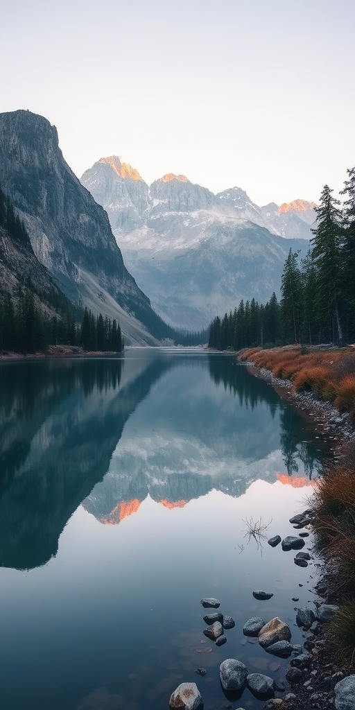 capture a serene landscape of a river reflecting the surrounding mountains and trees at dawn with soft light, use a DSLR camera with a 24mm lens, aperture f/8, ISO 100, shutter speed 1/60s, shot at eye level for a balanced view