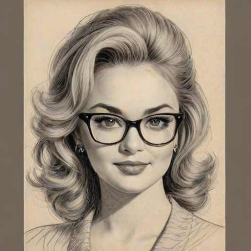 Superb Tiffany Thornton, pencil sketch, portrait of Wonderful woman 1956s in glasses, hair style beatnik, outline, clear lines, fine lines, 8k