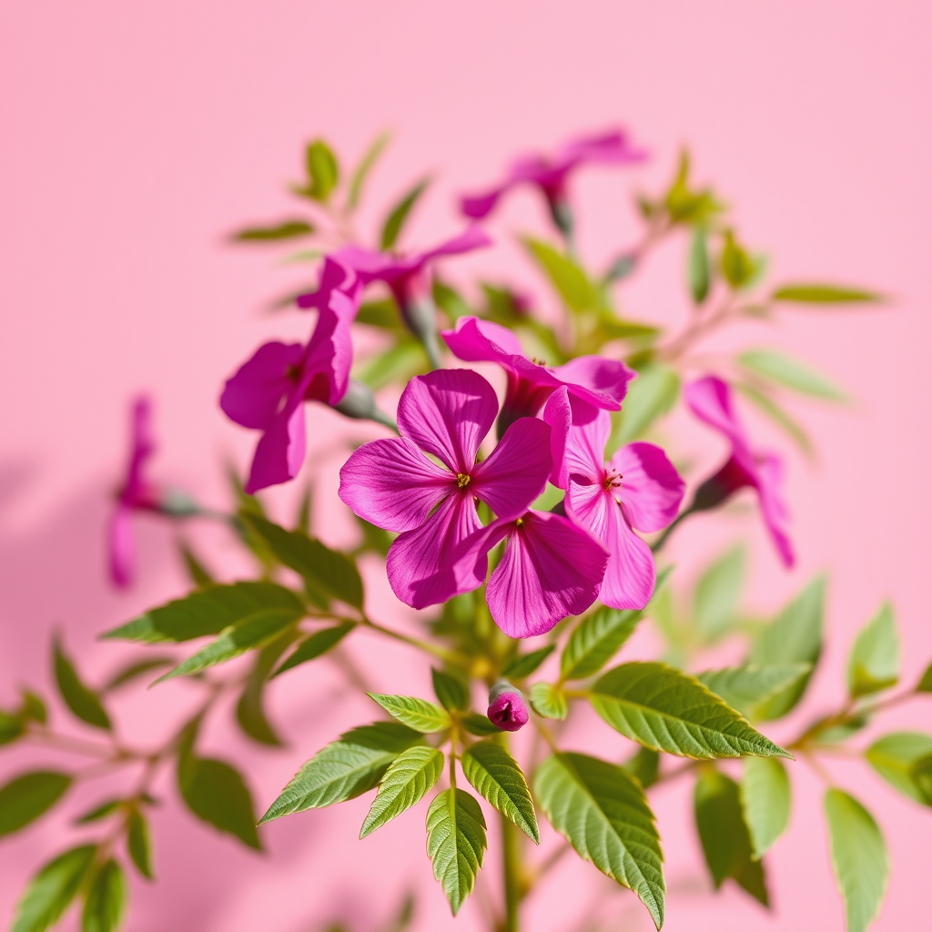 Create a high-resolution image of vibrant pink flowers on a soft pink background, using a Canon EOS 5D Mark IV with a 50mm f/1.8 lens at f/2.8, shot from a slightly elevated angle to capture the details and depth of the flowers with natural lighting.