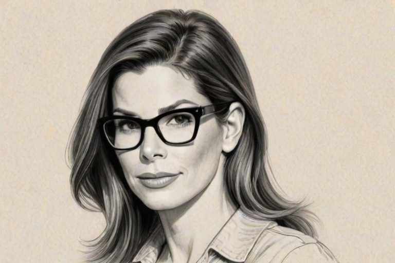 Sublime Sandra Bullock, pencil sketch, portrait of Fetching woman 1948s in glasses, hair style beatnik, outline, clear lines, fine lines, 8k