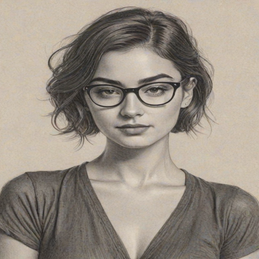 Enticing Alanna Masterson, pencil sketch, portrait of Alluring woman 1922s in glasses, hair style beatnik, outline, clear lines, fine lines, 8k