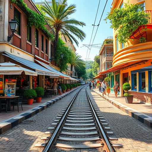 capture a vibrant street scene with railway tracks amidst colorful cafes and greenery, wide-angle shot, f/5.6 aperture, ISO 100, 24mm focal length, bright daylight, DSLR camera