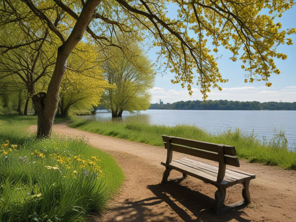sunny day on a river bank with trees flowers and bench