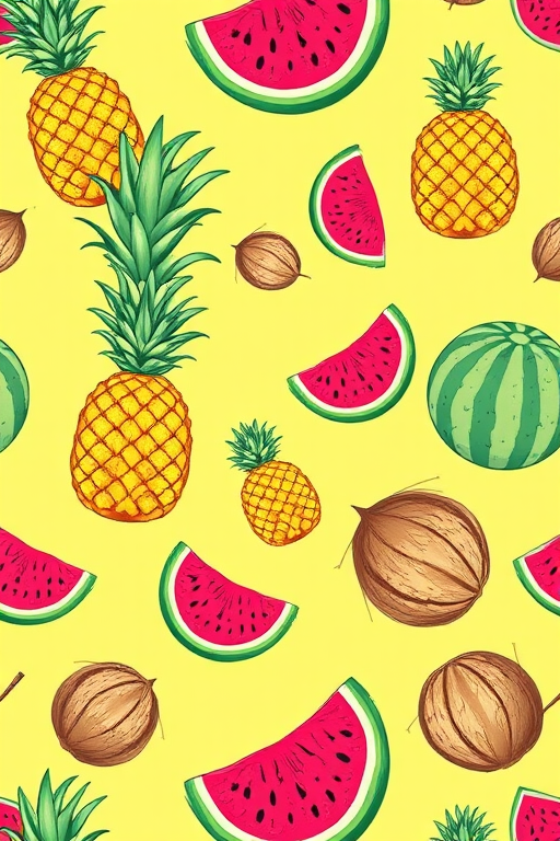 Create a vibrant pattern featuring hand-drawn tropical fruits like pineapples, watermelons, and coconuts on a sunny yellow background, shot with a Canon EOS R5, 50mm lens, f/1.8 aperture, ISO 100, natural light for crisp detail and vibrant colors.