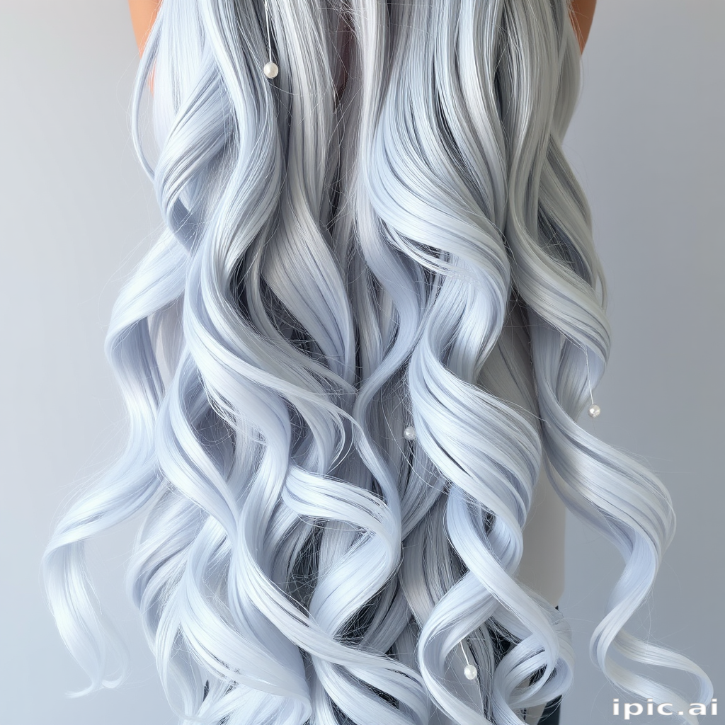 Elegant silver ombre mermaid waves called Moonlight Cascade cascading down to the waist with delicate pearl accents woven throughout giving an ethereal and enchanting appearance ideal for fantasy-inspired photoshoots