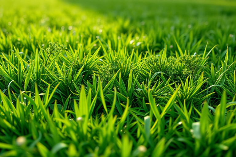 Generate an image of stylized grass text with vibrant green colors overlaid on a realistic grassy background, using a DSLR camera at f/2.8, 1/250s shutter speed, ISO 100, shot from a low angle to capture texture and depth.