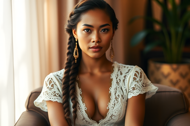 Create a portrait of a refined and elegant Tahitian woman seated in a sophisticated setting. She has long, wavy hair styled in two thick braids that are pulled over her shoulders. She wears a white, lace gown with intricate patterns, featuring a deep V-neckline and short sleeves. The dress exudes a vintage charm with its delicate lacework. She is adorned with ornate, dangling earrings that add a touch of glamour to her appearance. The background is softly lit, with warm, ambient lighting that creates a cozy and inviting atmosphere. Her expression is poised and serene, capturing a sense of grace and elegance.