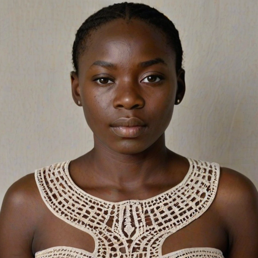 Face, shoulders, chest covered in openwork Yoruba embroidery. Raw, unedited image.