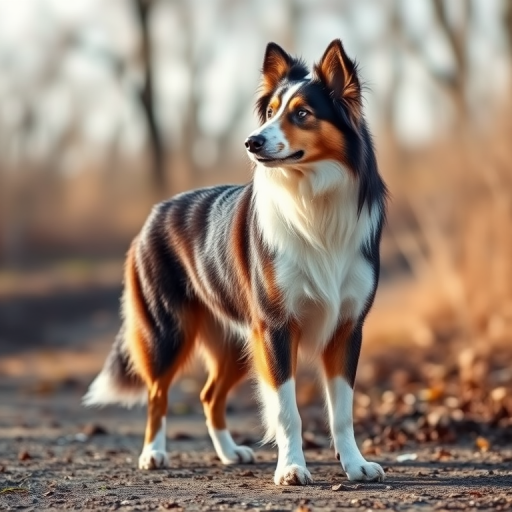 Generate a high-quality artistic representation of a collie dog standing gracefully, using a wide-angle lens with an aperture of f/2.8, in natural lighting, captured with a DSLR camera from a side view.
