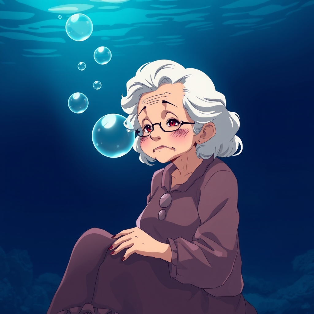 solo, 96 years old grandmother, bubble, under the sea, anime, Puffing, sitting