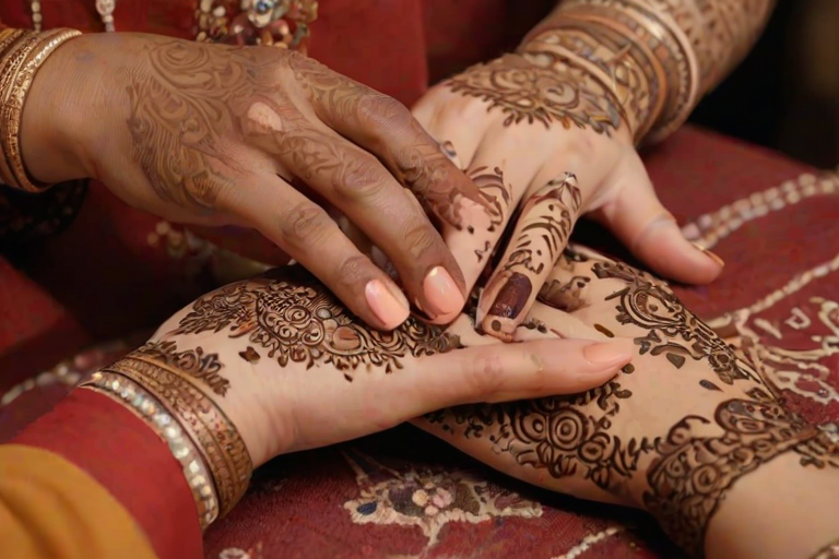 Close-up of a woman’s hands delicately applying henna to a friend’s hand, surrounded by intricate patterns and warm colors, showcasing the beauty of the art.