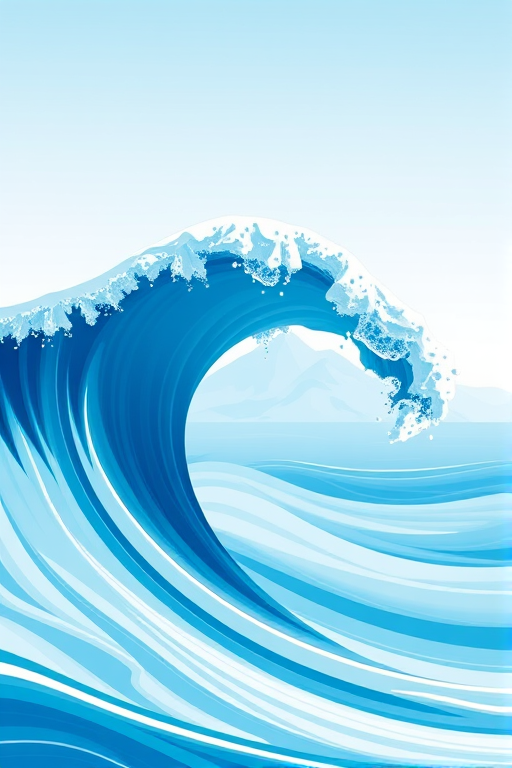 Create a high-resolution digital illustration of a stylized wave with fluid lines and a minimal background, featuring a distant snow-capped mountain, using a Canon EOS R5 with a 24-70mm f/2.8 lens, aperture set to f/8, ISO 100, shot in landscape orientation with natural lighting for enhanced color vibrancy.