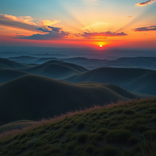 Create a high-resolution image of a serene landscape with rolling hills and a vibrant sunset, using a Canon EOS R5 camera with a 24-70mm lens, aperture set to f/8, ISO 100, and a shutter speed of 1/250 seconds, captured at a 45-degree angle to emphasize depth and perspective.