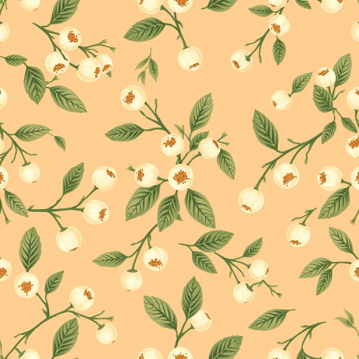 create a seamless pattern featuring cream-colored berries on green stems against a tan background