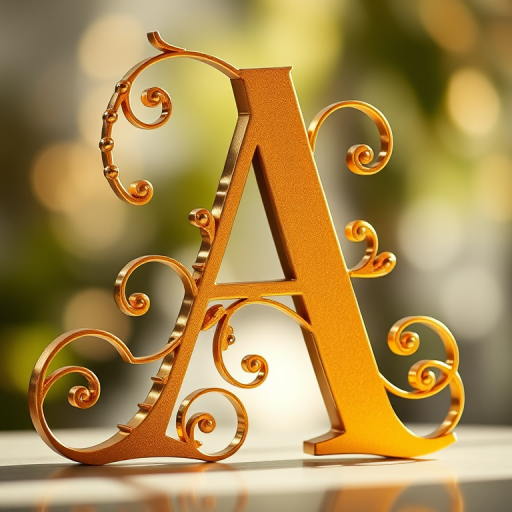 Create a high-resolution image of an elegant gold letter "A" with intricate swirls and curves, captured with a Canon EOS R5, using a 50mm lens at f/1.8, in soft natural light, with a shallow depth of field for a stunning bokeh effect.