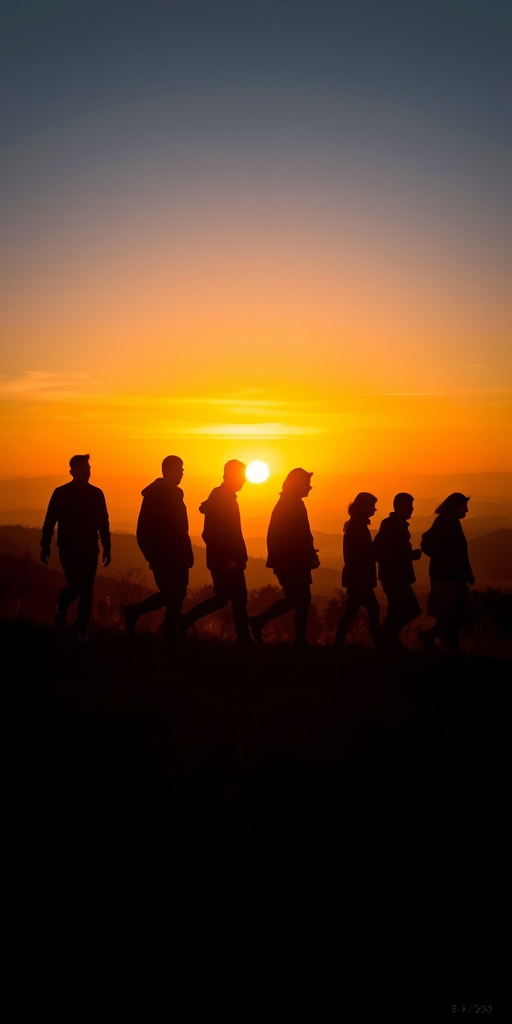 Generate a silhouetted scene of people walking in a line on a hill during sunset, with warm colors blending in the sky, taken with a DSLR camera at f/8, ISO 200, 50mm lens, and a shallow depth of field for clear foreground against a blurred background.