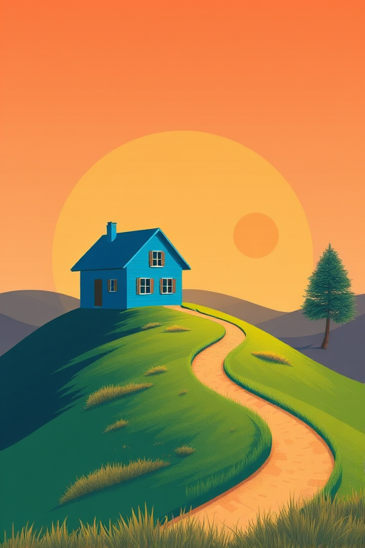 Create a stylized landscape illustration featuring a small blue house on a hillside with a winding path, set against a circular background with a peach sky and a sun, vibrant colors, high contrast, captured with a DSLR camera, aperture f/8, ISO 100, 50mm lens, shot from eye level to enhance clarity and depth.