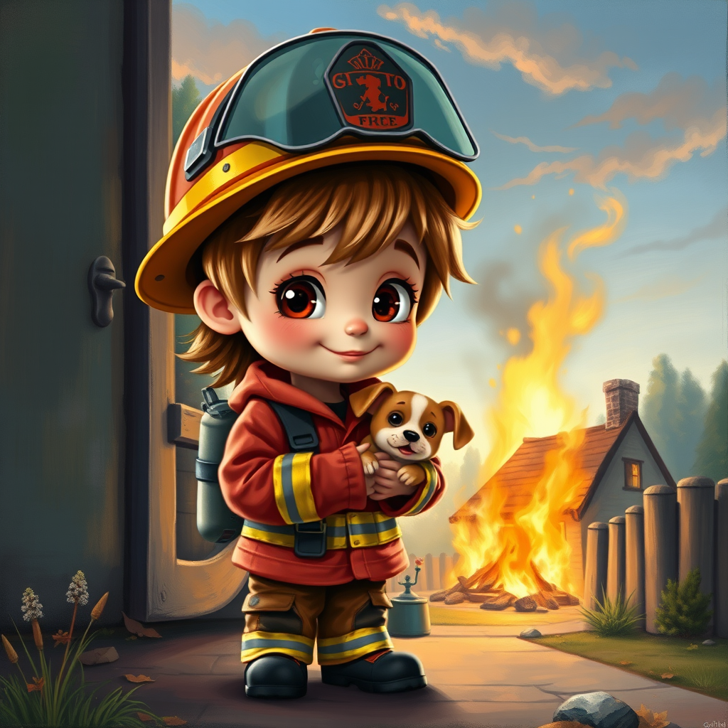 airbrushed oil painting, pixar style, cute little girl in fireman gear, helmet, tousled hair, expressive eyes, standing in the doorstep of a cottage burning behind him, holding a cute little dog in her arm, atumn sky