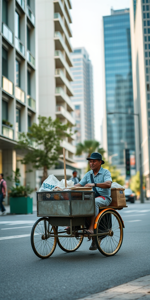 Street vendor pushing a cart in urban setting with modern buildings in the background, natural lighting, shallow depth of field, taken with a Canon EOS R5, 35mm lens, f/1.8, ISO 200, 1/250 sec, wide-angle view.