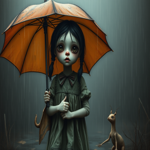 An eerie, weird little girl with dark hair in thin pigtails, wearing a smock dress, standing in the rain, holding a dirty orange umbrella, a small, odd creature beside her. In a surreal style inspired by Nicoletta Ceccoli and Brian Froud. Dark fantasy themes