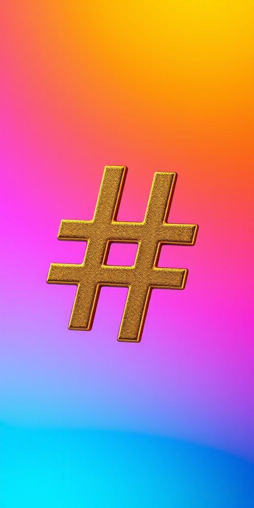 Create an image of a golden hashtag symbol against a vibrant gradient background, using a DSLR camera with an aperture of f/2.8, a shutter speed of 1/100s, ISO 100, shot in macro mode for detailed texture.