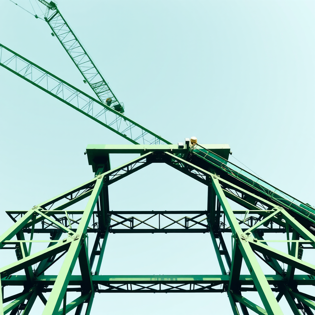 Create a high-resolution vector illustration of an abstract crane structure with a green color scheme, using a 50mm lens, f/8 aperture, ISO 100, shot from a low angle to emphasize height and detail.