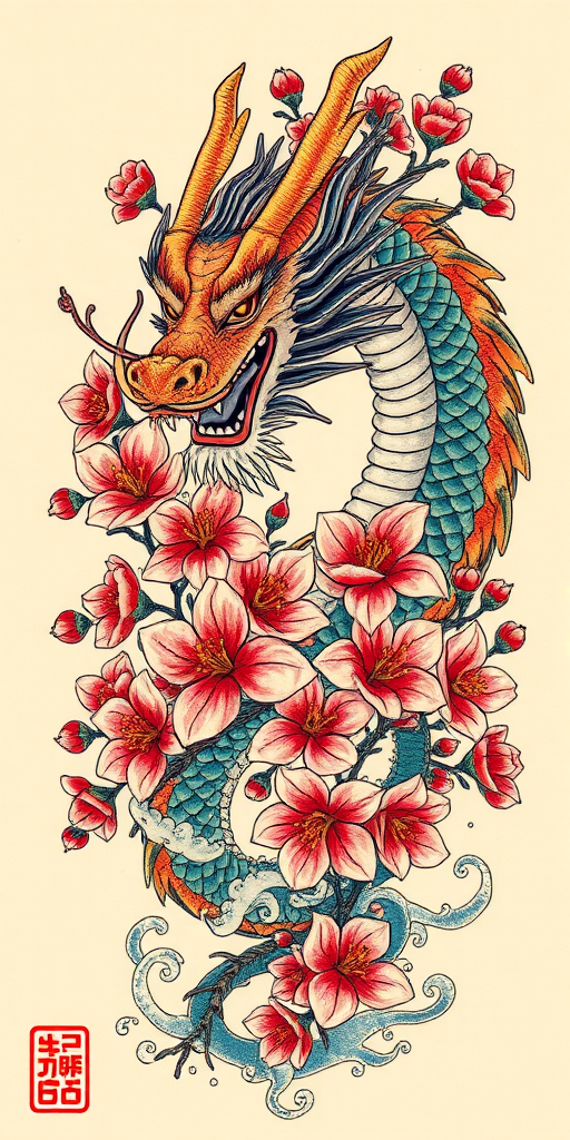 Japanese-inspired irezumi tattoo depicting a fierce dragon wrapped around cherry blossoms, featuring vibrant colors and flowing water elements, known as "Dragon's Embrace"