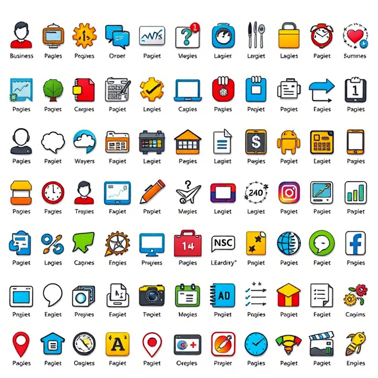 Create a detailed vector graphic of a grid containing 36 colorful icons representing various themes like business, technology, and education, with a clean white background, sharp lines, and vibrant colors; use a Canon EOS 5D Mark IV camera with a 50mm lens, aperture set to f/8 for clarity, focus on icon details, in HDR style to enhance colors and depth.