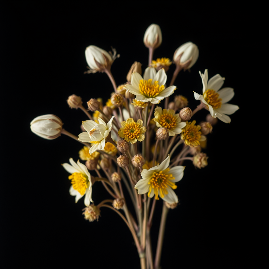 Regenerate a bouquet of dried flowers including white buds and yellow blooms on a black background, shot with a Canon EOS R5 at f/2.8, 50mm lens, ISO 100, 1/125 sec, with soft natural lighting to enhance details and colors.
