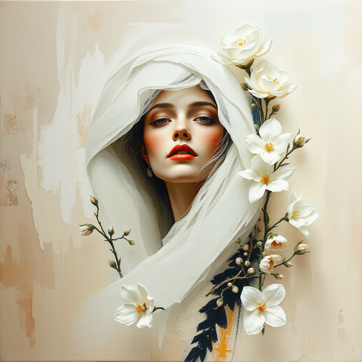 An ethereal woman emerges from a textured canvas, a modern abstract portrait shrouded in delicate mystery. Bold, expressive brush strokes, dynamic interplay of light and shadow. whites and creams, sense of purity and timelessness. Floral motifs bloom around her