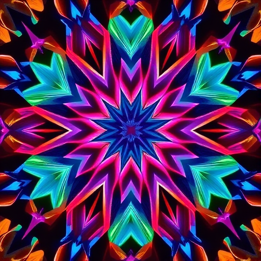 Generate an image of a detailed abstract geometric pattern with vibrant colors, using a DSLR camera with a 50mm lens, f/1.8 aperture, ISO 100, shot from a top-down view, in high resolution for enhanced sharpness and clarity.