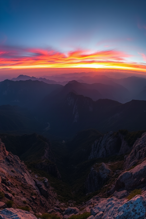 Generate a high-resolution image of a serene mountain landscape during sunset with vibrant colors, using a Canon EOS R6 camera at f/8 aperture, ISO 100, 1/200s shutter speed, wide-angle lens, and a panoramic view.