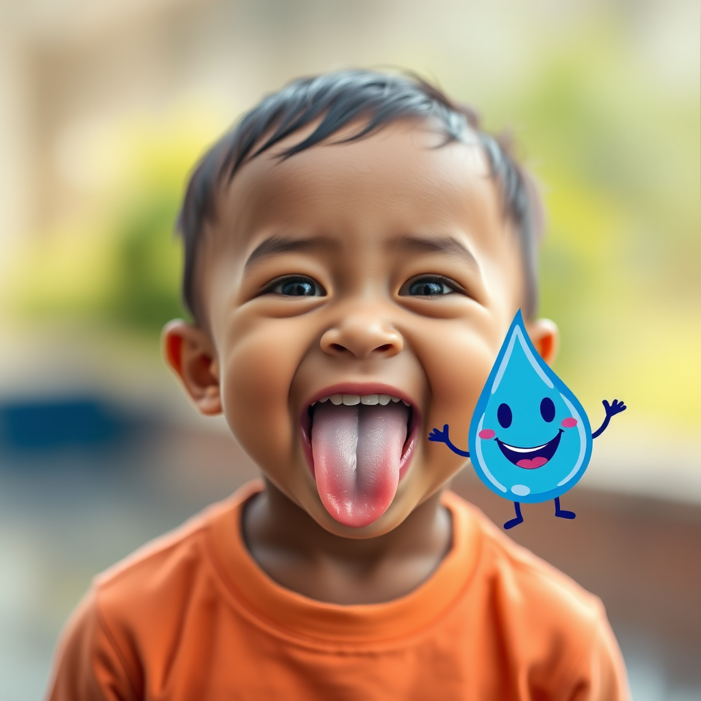 Regenerate a playful image of a young child sticking out their tongue, with a cheerful blue water droplet character floating beside them, captured with a Canon EOS R5, 50mm lens, f/1.8 aperture, ISO 100, using a shallow depth of field for a soft background blur, emphasizing the child's joyful expression.