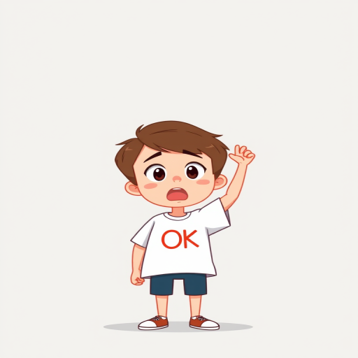 Create a digital illustration of a cartoon character with short brown hair and a surprised expression, wearing a white T-shirt with "OK" written in red, raising one hand, in a minimalist style, with a clean light gray background, using a flat design approach, shot in high resolution with a 50mm lens at f/2.8, natural light, and a soft focus effect for a modern look.
