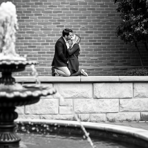 capture a black and white image of a couple sharing a kiss on a stone ledge in front of a brick wall, with a fountain in the foreground, shot with a Canon EOS R5, 50mm lens, f/1.8 aperture, ISO 100, shutter speed 1/250s, natural light, shallow depth of field for a soft background blur