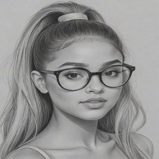 Sublime Ariana Grande, pencil sketch, portrait of Lovely woman 1968s in glasses, hair style beatnik, outline, clear lines, fine lines, 8k