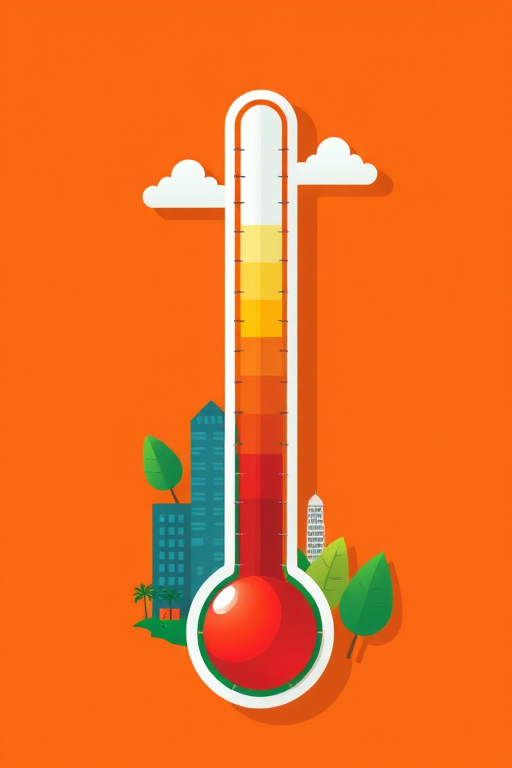 Create a high-resolution illustration of a thermometer graphic showing a balance between urban and natural environments with a warm orange background, using a Canon EOS 5D Mark IV, f/8 aperture, 1/125 sec shutter speed, and a 50mm lens for sharp detail and vibrant colors.