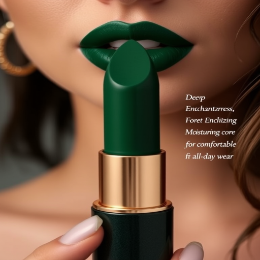 Deep emerald green lipstick with a satin finish, called "Forest Enchantress," featuring a moisturizing core for comfortable all-day wear