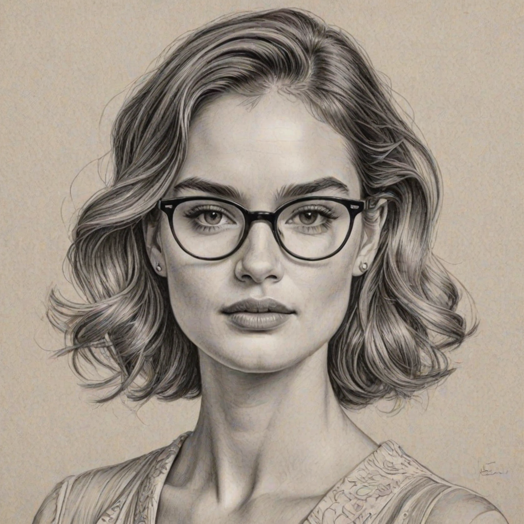 Stunning Lily James, pencil sketch, portrait of Beauteous woman 1957s in glasses, hair style beatnik, outline, clear lines, fine lines, 8k
