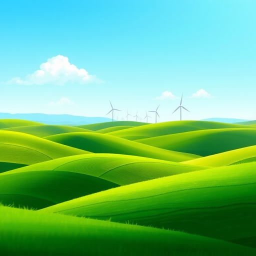 Create a vibrant digital illustration of rolling green hills with a clear blue sky, featuring a few stylized windmills in the distance, using a wide-angle view, digital art style, 300 DPI resolution, and a soft focus effect for a dreamy atmosphere.