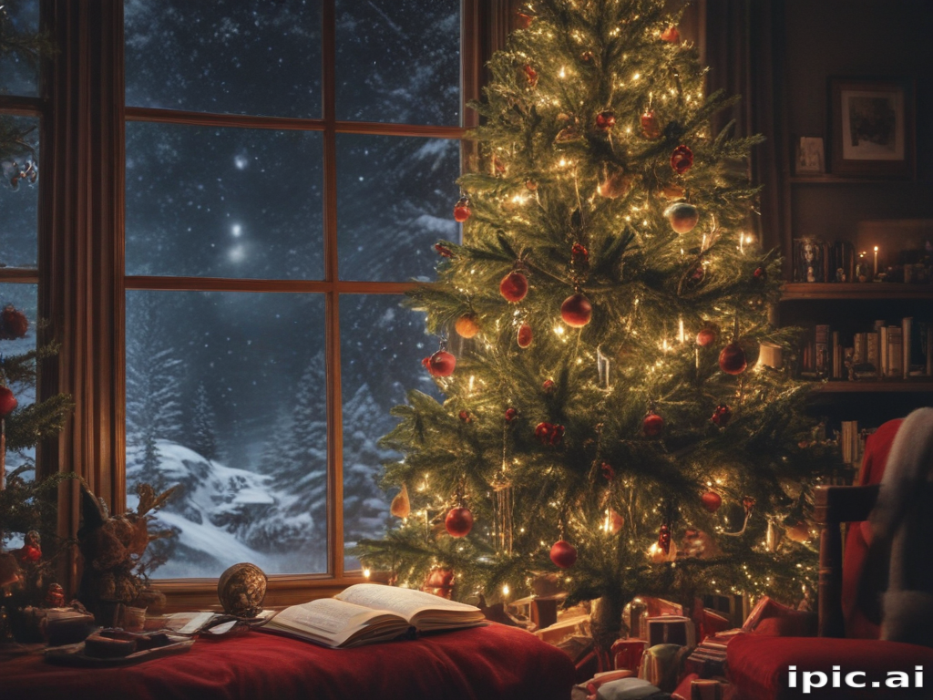 A Cozy Winter Scene Featuring a Beautifully Decorated Christmas Tree.