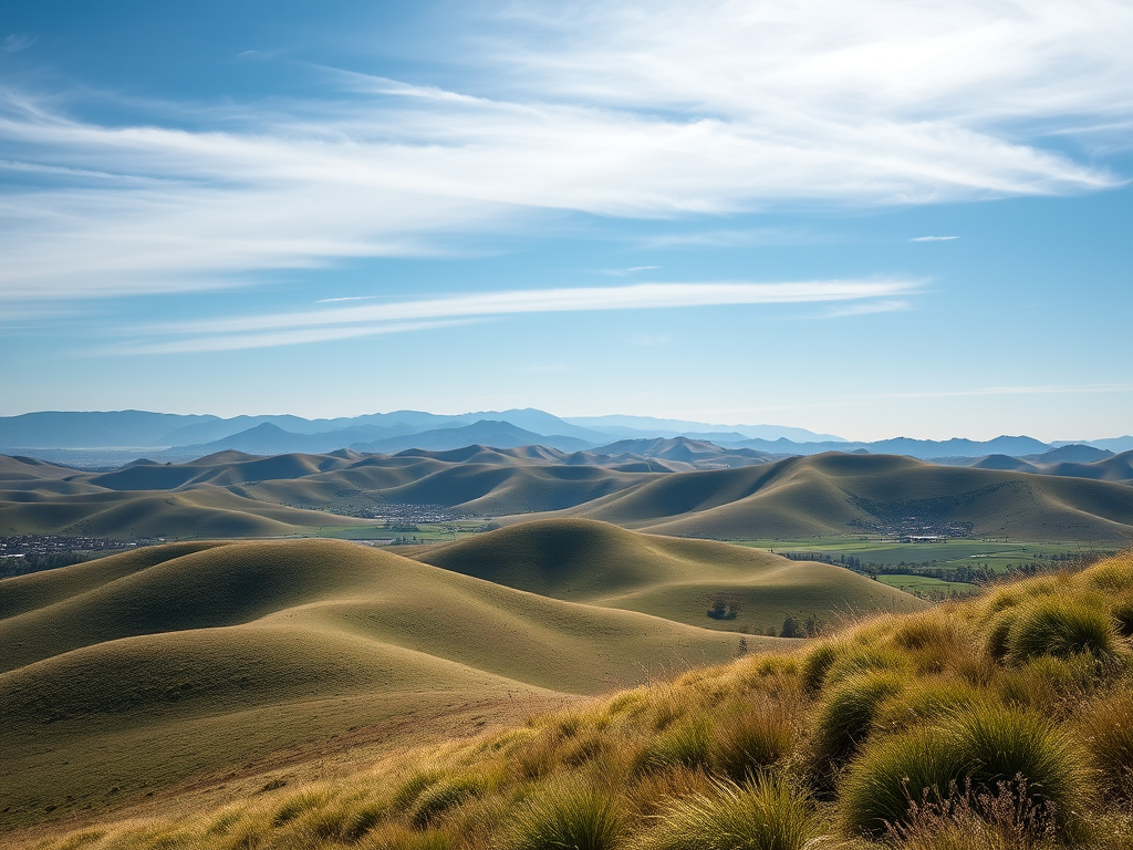 Create a high-resolution image of a serene landscape featuring rolling hills and a clear blue sky, shot with a Canon EOS R5 at 24mm, f/8, ISO 100, using a wide-angle lens for a panoramic view.