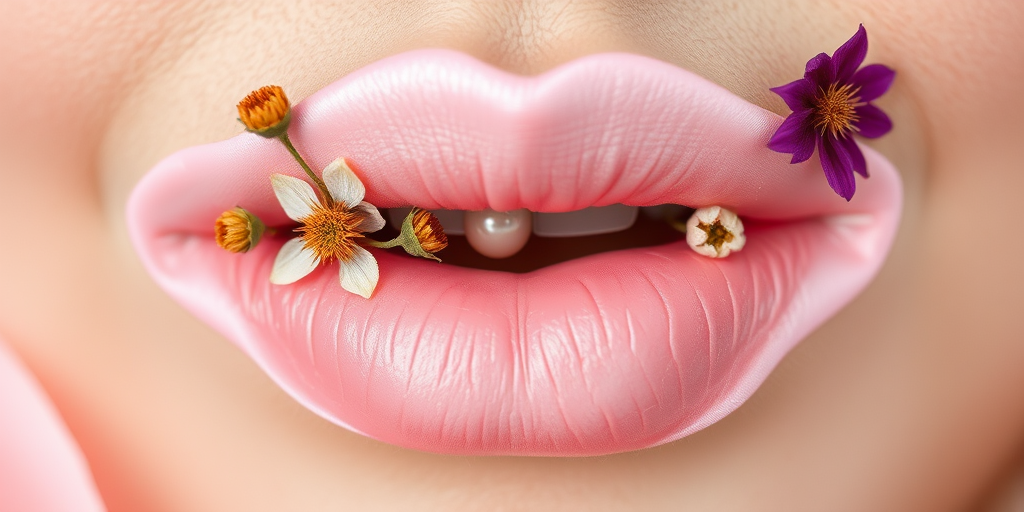 Soft pink satin lips in "Blossom Petal" style, adorned with pressed dried flowers and a subtle pearl sheen, creating a romantic and feminine look